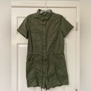 Olive Green Button Up Utility Romper with Zipper Bottoms, Safari Vibes!